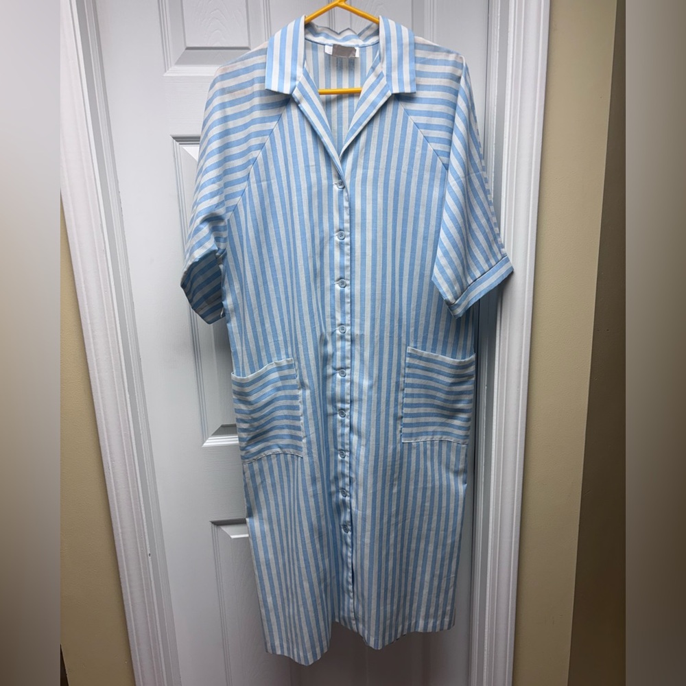 Vintage Topper Blue & White Striped Shirt Dress | Size 16 | Made in Canada